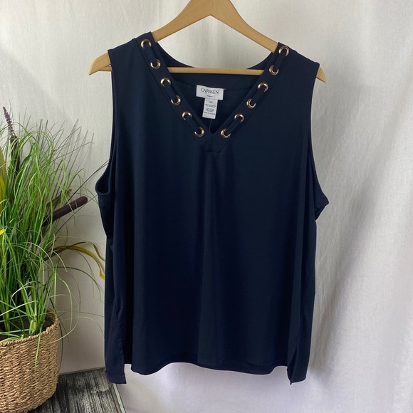 Carmen Marc Valvo Blue Sleeveless Gold Grommet Neck Night Life Blouse Top NEW 2X - Picture 2 of 5